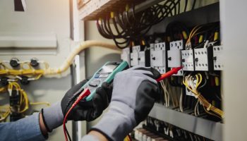 Electricity and electrical maintenance service, Engineer hand holding AC multimeter checking electric current voltage at circuit breaker terminal and cable wiring main power distribution board.